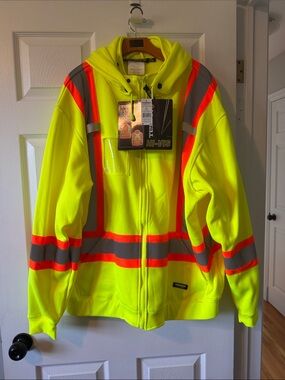 Hi-Vis Safety Hoodie Jacket - Neon Yellow with Orange & Gray Reflective Stripes